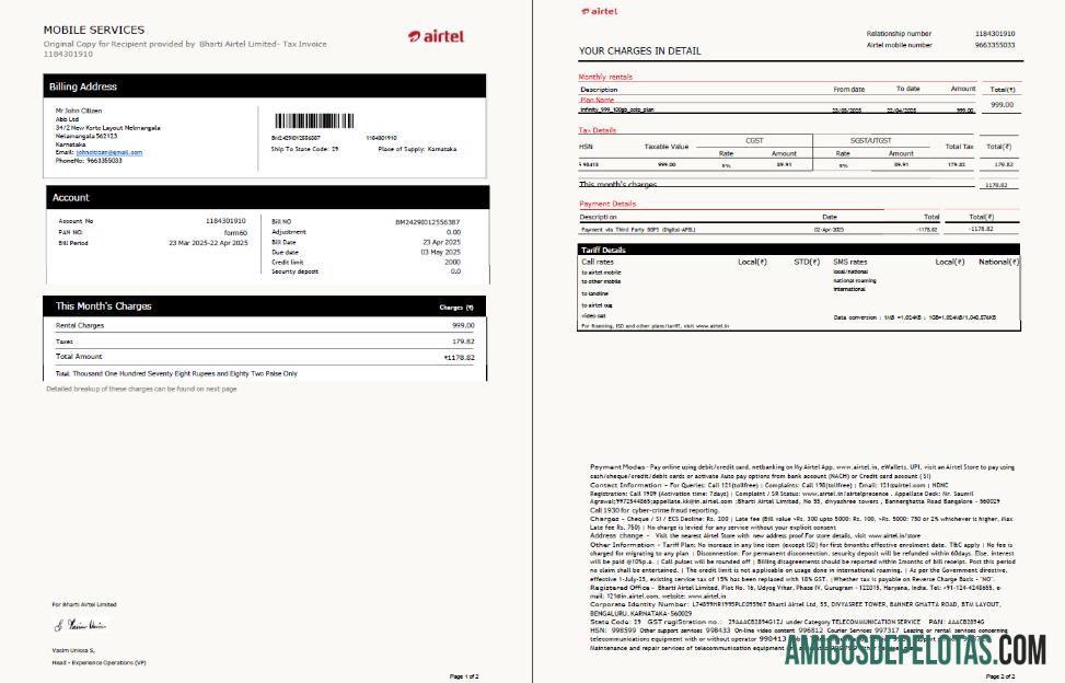 imprimível Modelo de fatura de serviços públicos da India Airtel em formatos Word e PDF, 2 páginas, versão 3